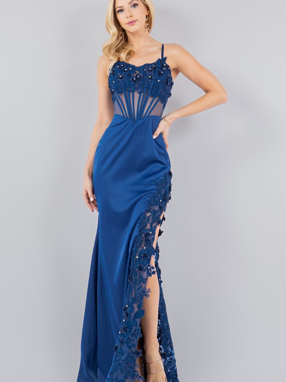 NEW MOONLIGHT BLUE Lace & Sequin Strapless Evening Gown With Slit 8085J
